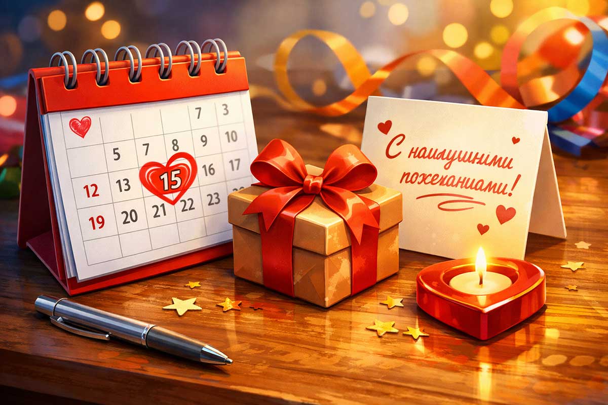 Символический подарок, открытка и календарь с отмеченной датой, поздравление на праздник, цифровая иллюстрация