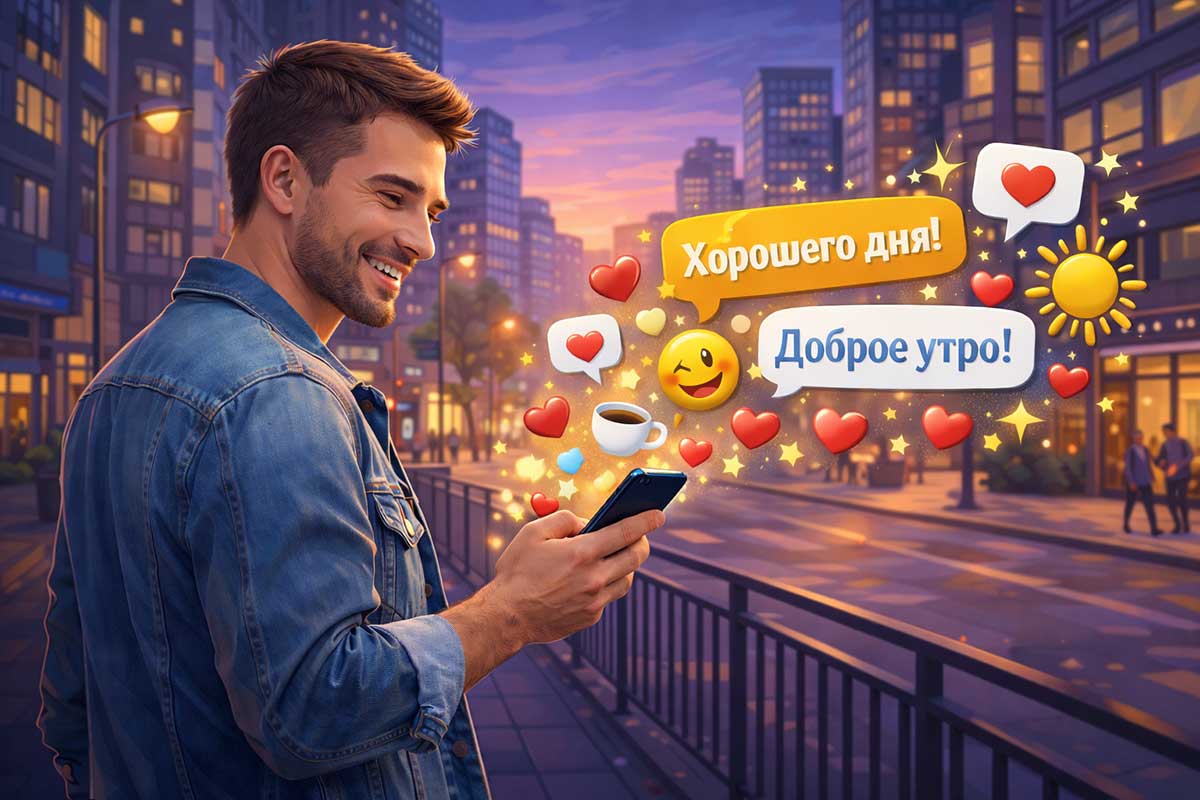 Мужчина стоит на улице города и смотрит в телефон, из которого вылетают разные сообщения, сердечки и знаки внимания