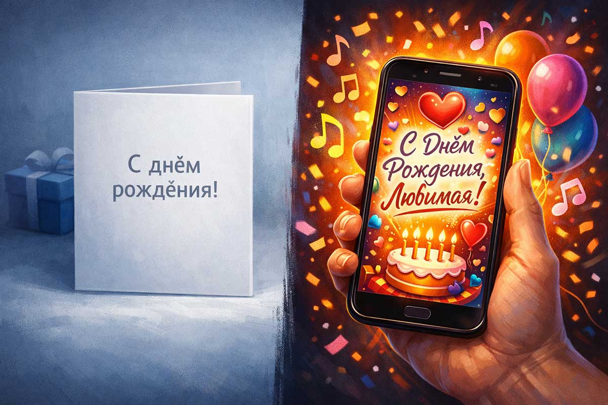 Электронная музыкальная открытка на смартфоне и простая бумажная открытка — сравнение личного поздравления и обычного.