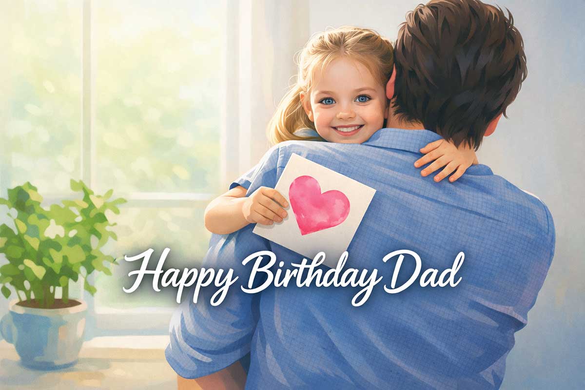 Иллюстрация с дочерью, обнимающей папу, и надписью Happy Birthday Dad