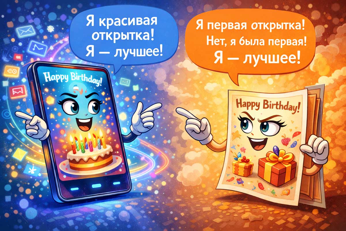 Сравнение электронной и бумажной открытки — иллюстрация спора цифровой открытки на смартфоне и традиционной поздравительной открытки