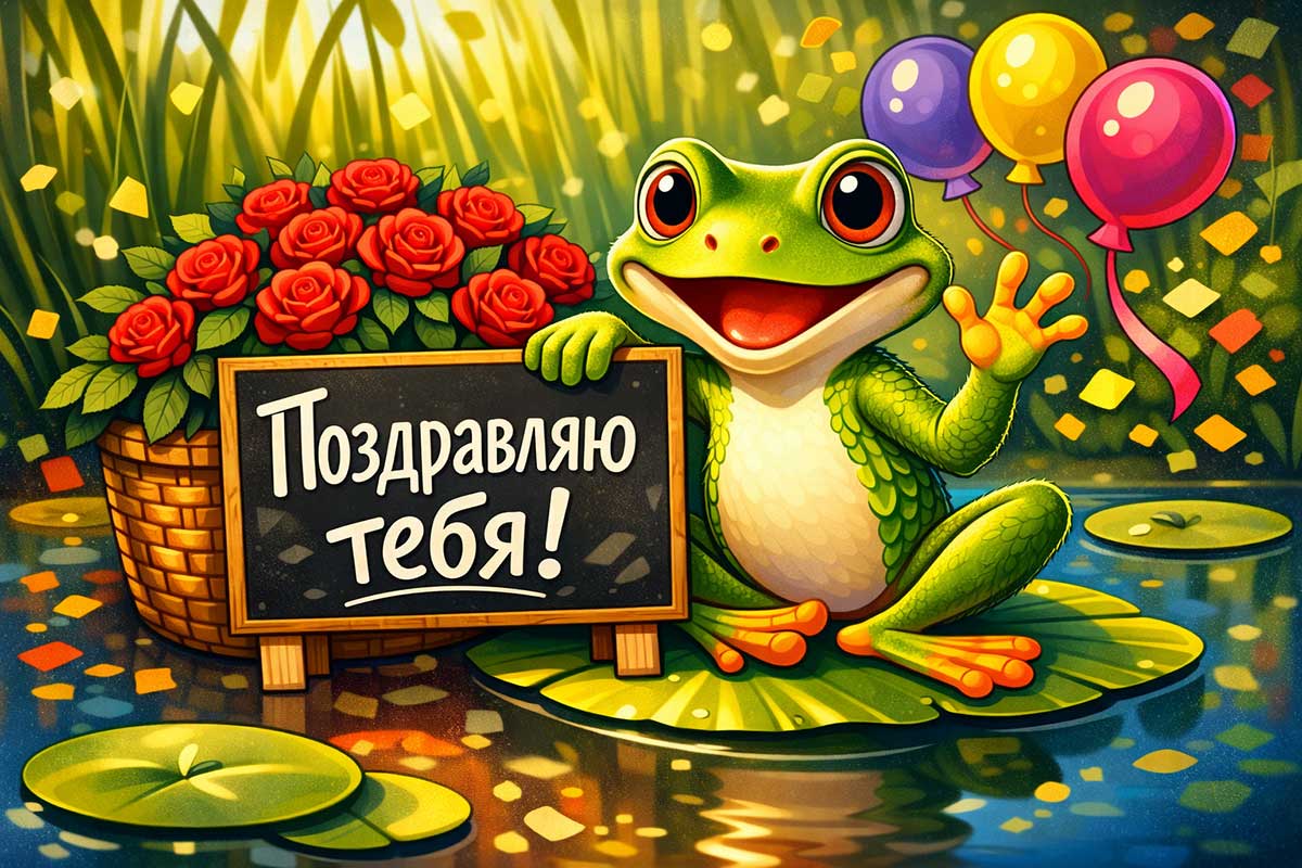 Смешной лягушонок поздравляет с днём рождения