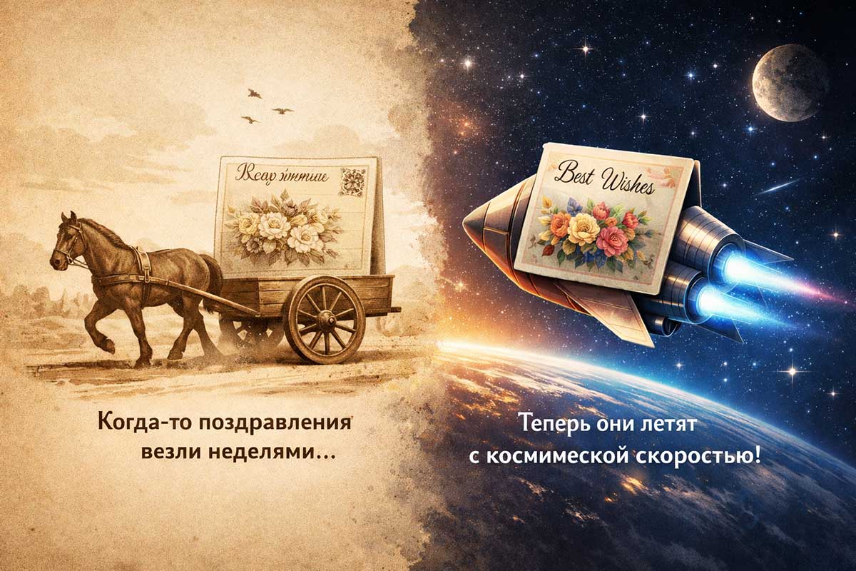 История поздравлений: повозка с открыткой и космическая открытка-ракета.