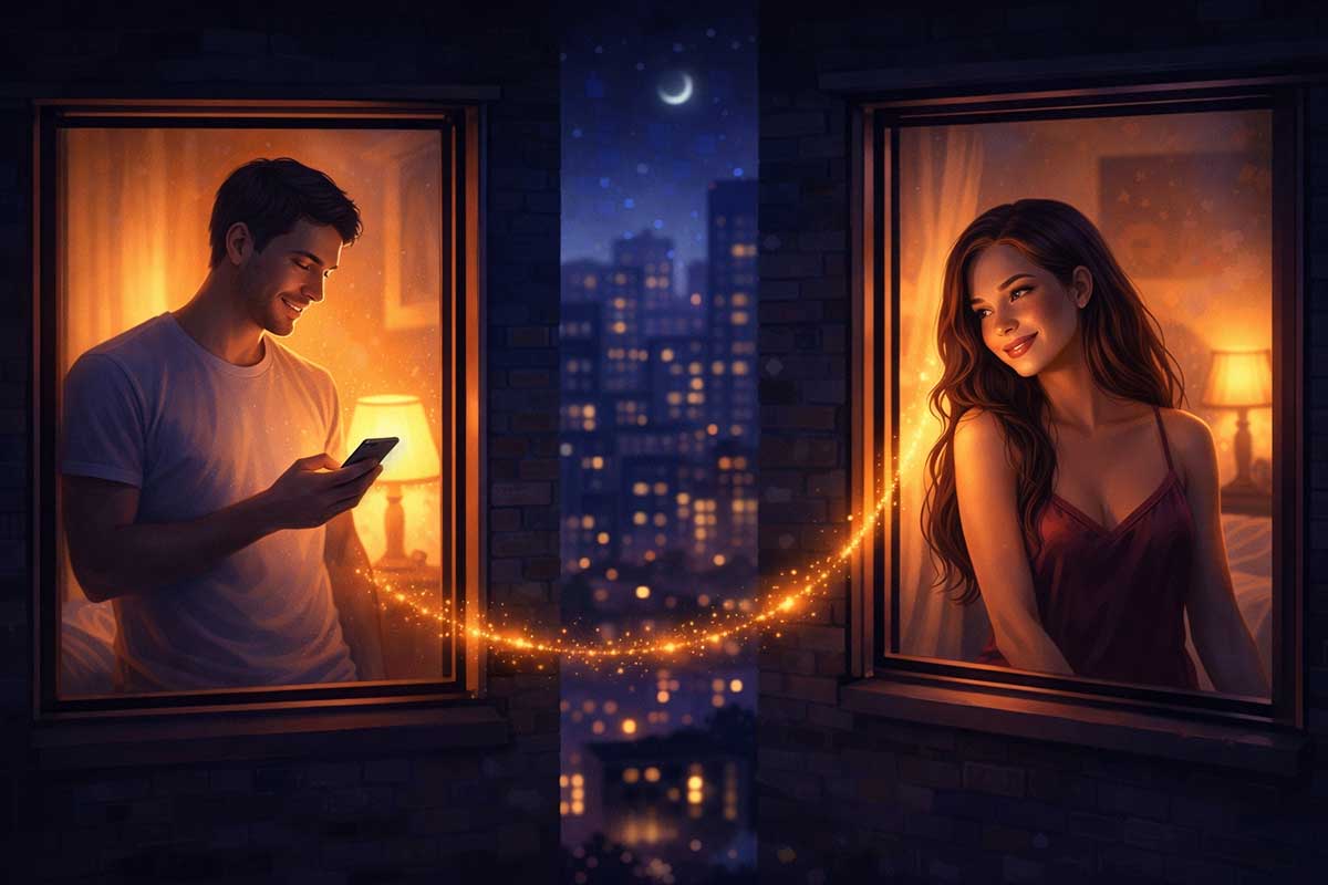 Ночная цифровая иллюстрация двух людей в окнах, соединённых тёплым светом