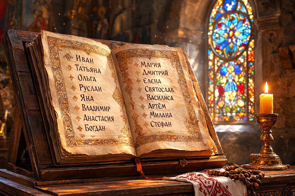 Славянские имена в старинной рукописной книге, список имен на кириллице